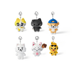Set of six small animal plush keychains on a white background