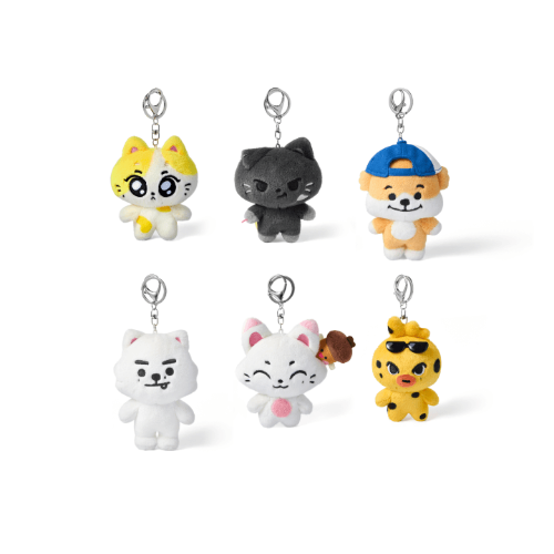 Set of six small animal plush keychains on a white background