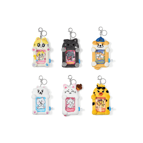Set of six colorful animal-themed phone case keychains on a white background