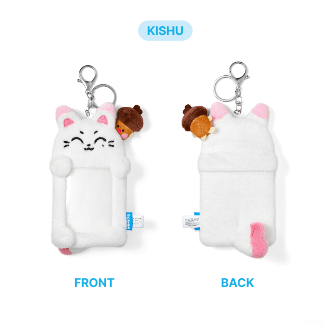 White cat-shaped phone case with pink accents, front and back views, on a white background.