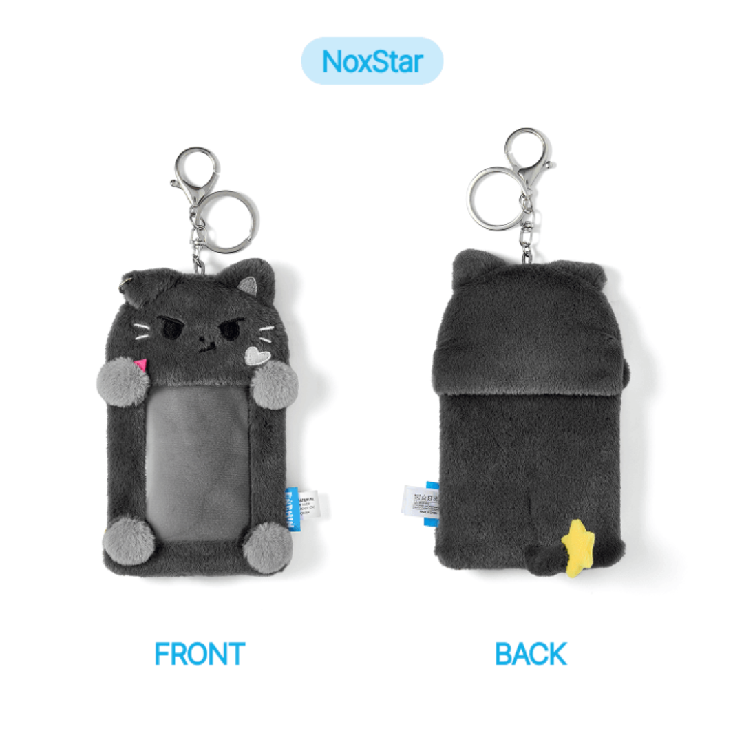 Gray cat-shaped phone case with front and back views on a white background, branded 'NoxStar'.