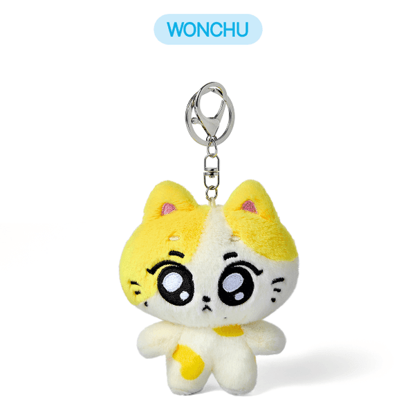 Plush keychain with cartoon character on a white background, featuring the brand 'WONCHU'.