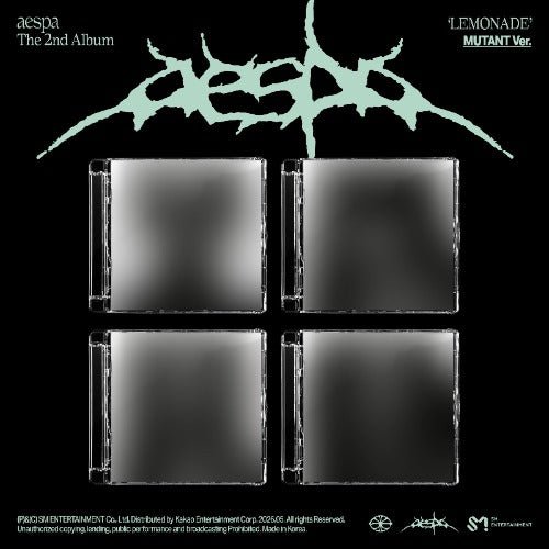 Album cover for aespa's 2nd album 'Lemonade' with four square panels and brand logos.