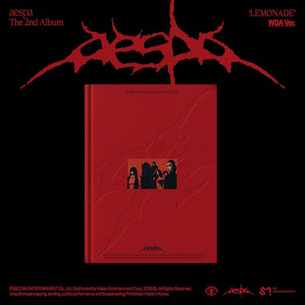 Red album cover with black illustrations on a black background, featuring the aespa logo.