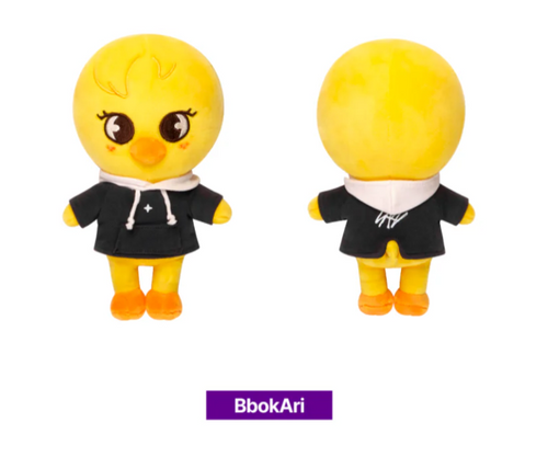 Two yellow plush toys with black outfits on a white background, branded 'BbokAri'.