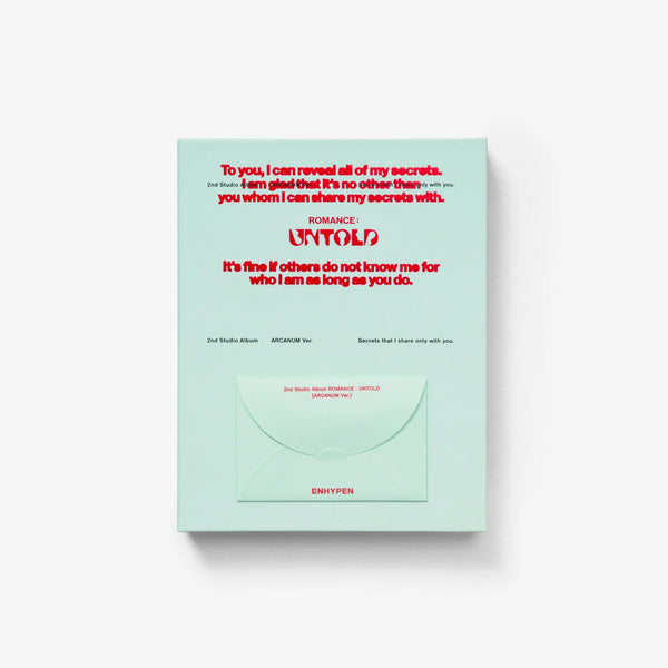 A mint green Enhtpen 'Untold' album card and matching envelope set, featuring red printed text and a sample confession quote, shown on a clean white background.