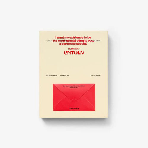 A square cream-colored card or booklet with red printed text and a large red envelope illustration near the bottom, shown on a light gray background.