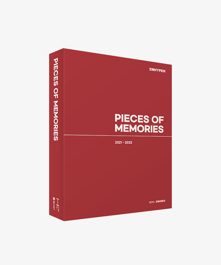 Red book titled 'Pieces of Memories' with 'ENHYPEN' branding on a white background