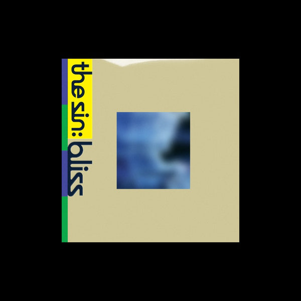 The album cover for 'bliss' by The Zen, featuring a beige background with a vertical yellow, green, and blue stripe on the left containing the text 'the zen: bliss' in dark blue, and a small square abstract blue image in the center.
