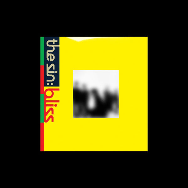 Album cover for 'the zen: bliss' featuring a bright yellow square with a central black-and-white blurred square and a vertical title strip on the left with green, red, and dark blue sections.
