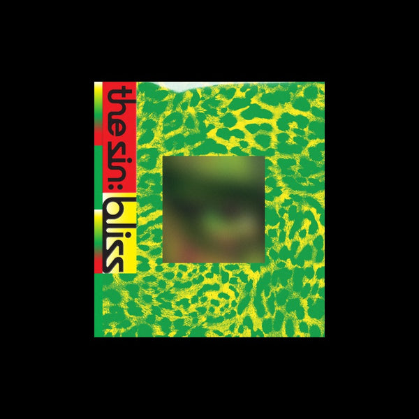 A square album cover or art print featuring a green and yellow abstract spotted pattern, with a vertical red, yellow, and green title strip reading 'the sin: bliss' on the left and a blurred rectangular area in the center, shown against a black background.