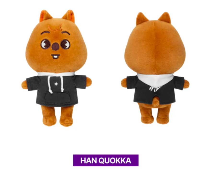Plush toy resembling a quokka in a black outfit with 'HAN QUOKKA' branding.