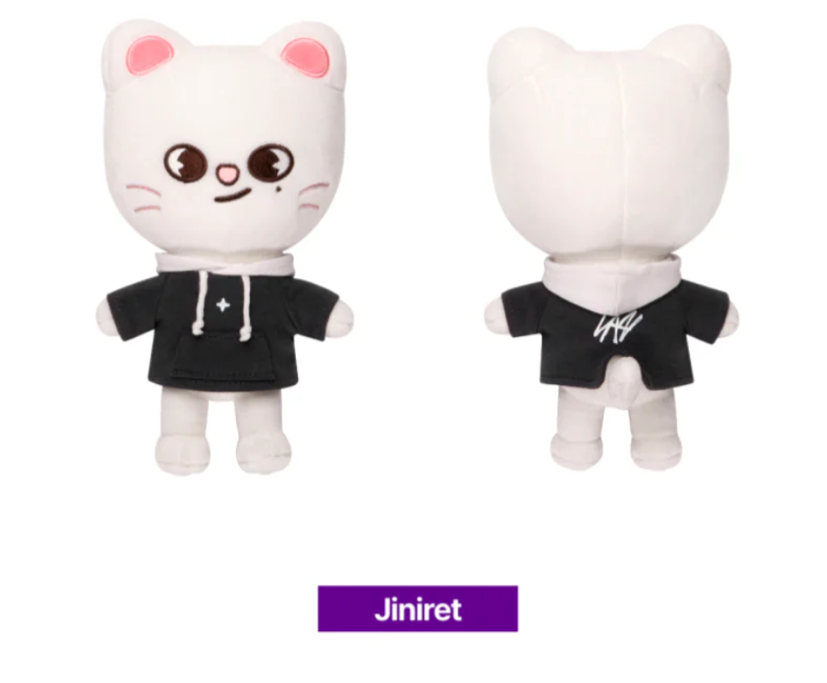 Two plush toys resembling a cat in black outfits with 'Jiniret' branding on a white background.