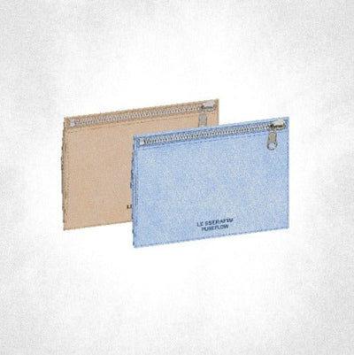 Two pouches, one beige and one light blue, on a white background with 'LE SSERAFIM PUREFLOW' branding.