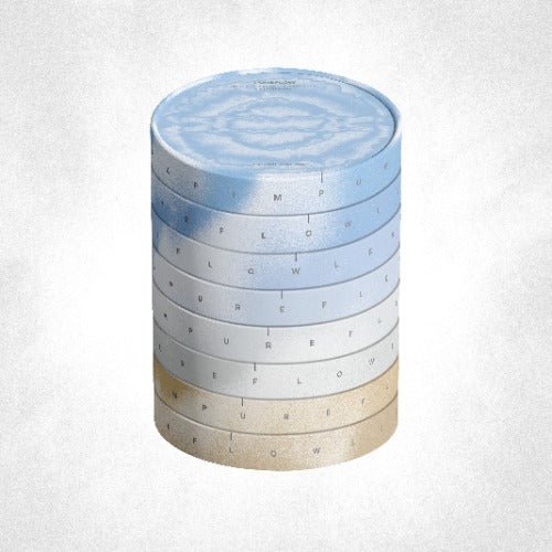 Stack of cylindrical containers with gradient design and 'PURE FLOW' text on a light gray background
