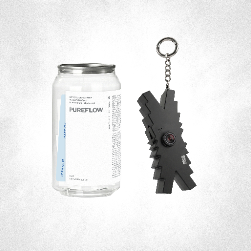 Clear can with 'PUREFLOW' branding and black keychain on a white background