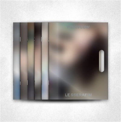 Album cover with blurred portrait and 'LE SSERAFIM' branding on a light gray background