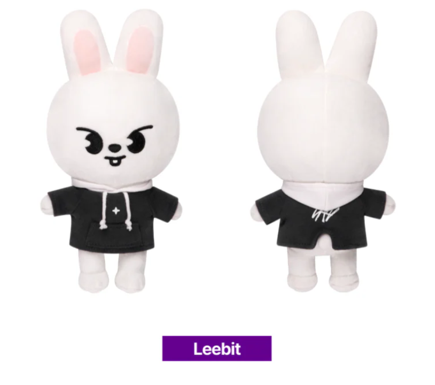 Two plush toys resembling a rabbit character with a black outfit on a white background, branded 'Leebit'.