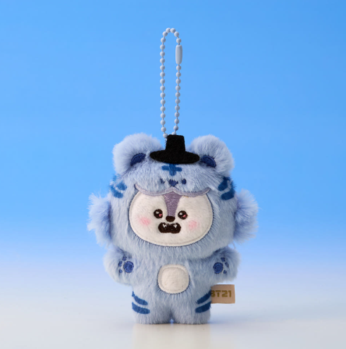 Plush keychain toy with a blue and white design on a light blue background