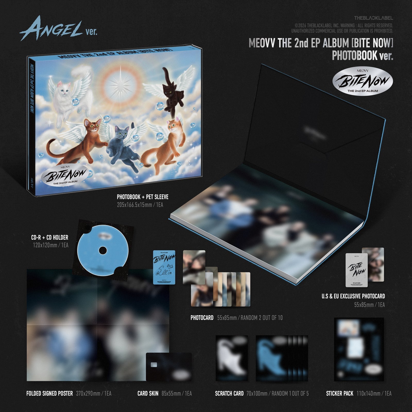 Meowy The 2nd EP Album 'Bite Now' Photobook ver. packaging with various items on a black background