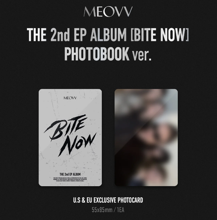 Promotional image for MEOVV's 2nd EP album 'Bite Now' photobook with album cover and blurred photo of a person.