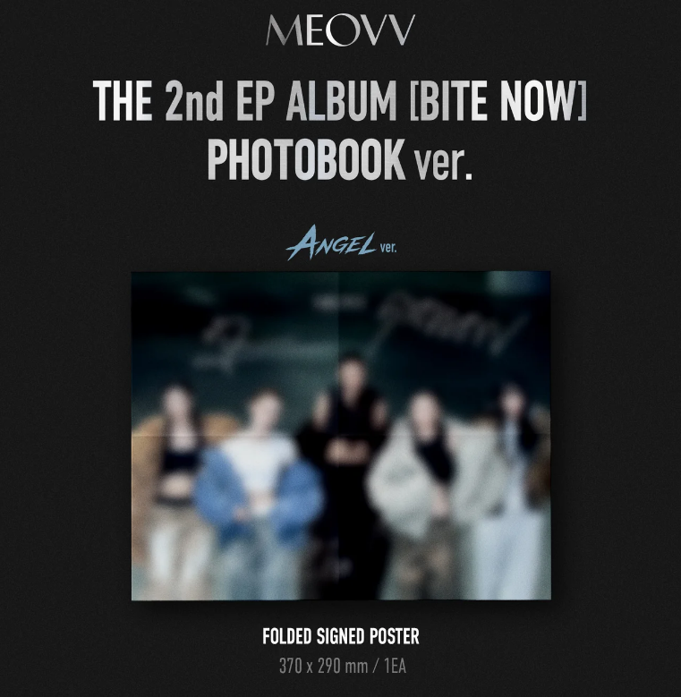 Promotional image for MEOVV's 2nd EP album photobook with a blurred group photo on a black background.