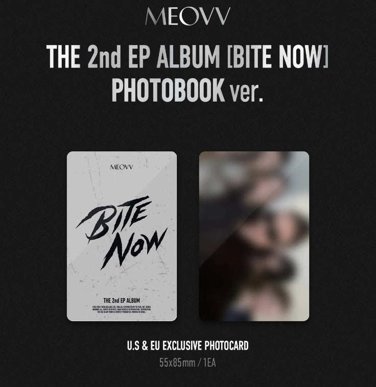 Promotional image for MEOVV's 2nd EP album 'Bite Now' photobook with album cover and blurred photo on a black background.