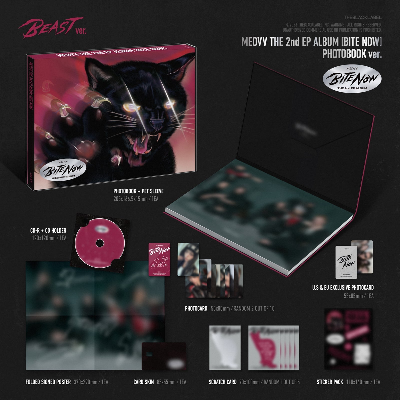 Meowy The 2nd EP Album 'Bite Now' Photobook with packaging and contents on a dark background
