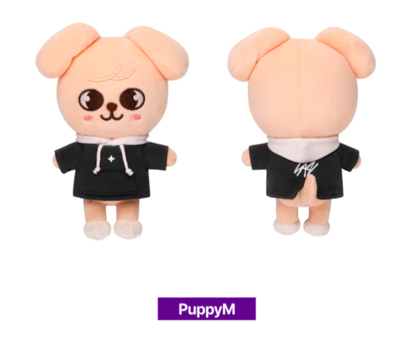 Plush toy with black hoodie showing front and back views on a white background, with 'PuppyM' branding.