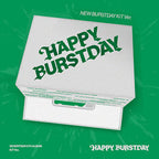 Product packaging with 'Happy Burstday' text on a green background