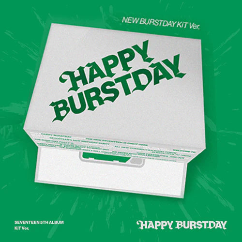 Product packaging with 'Happy Burstday' text on a green background