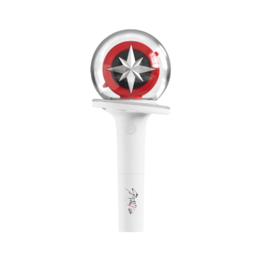 White handheld device with a circular red, black, and white logo on a white background