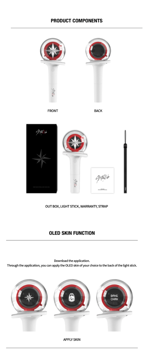 Product components of a light stick with front and back views, OLED skin function, and additional parts.