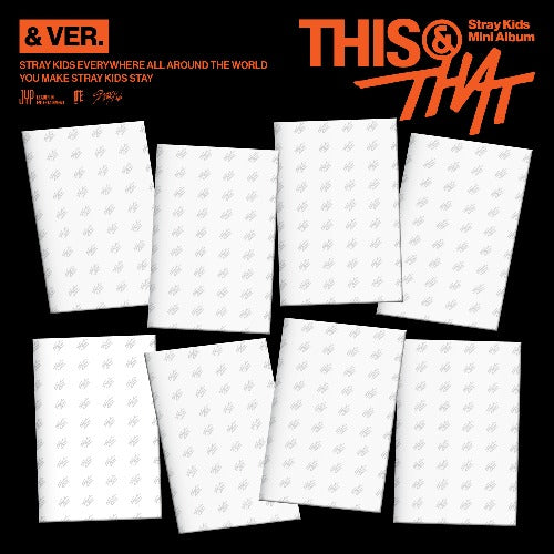 Stray Kids 'This & That' Mini Album 1 Ver. product packaging display on a solid black background, featuring eight white album sleeves with subtle gray pattern details and orange text overlays.