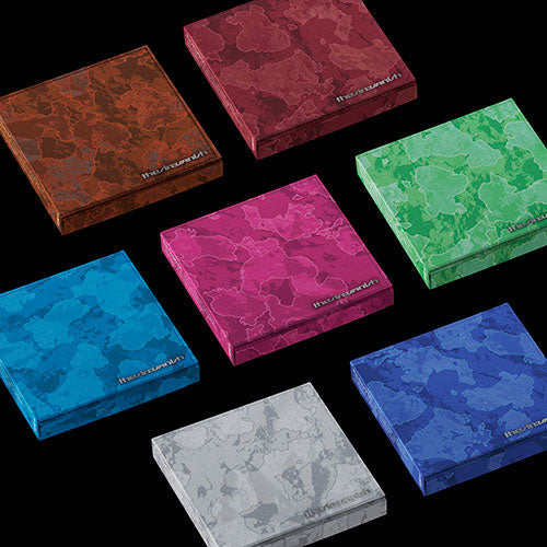 Collection of colorful camouflage-patterned boxes on a black background
