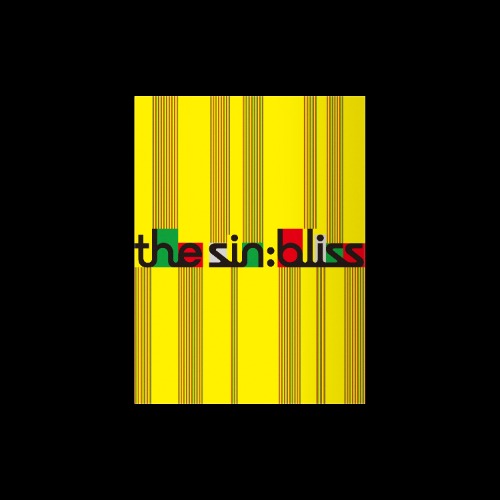 A square graphic with a bright yellow background, vertical black and thin gold stripes, and the text 'the sin: bliss' across the center in black with green, red, and yellow lettering, set against a solid black background.
