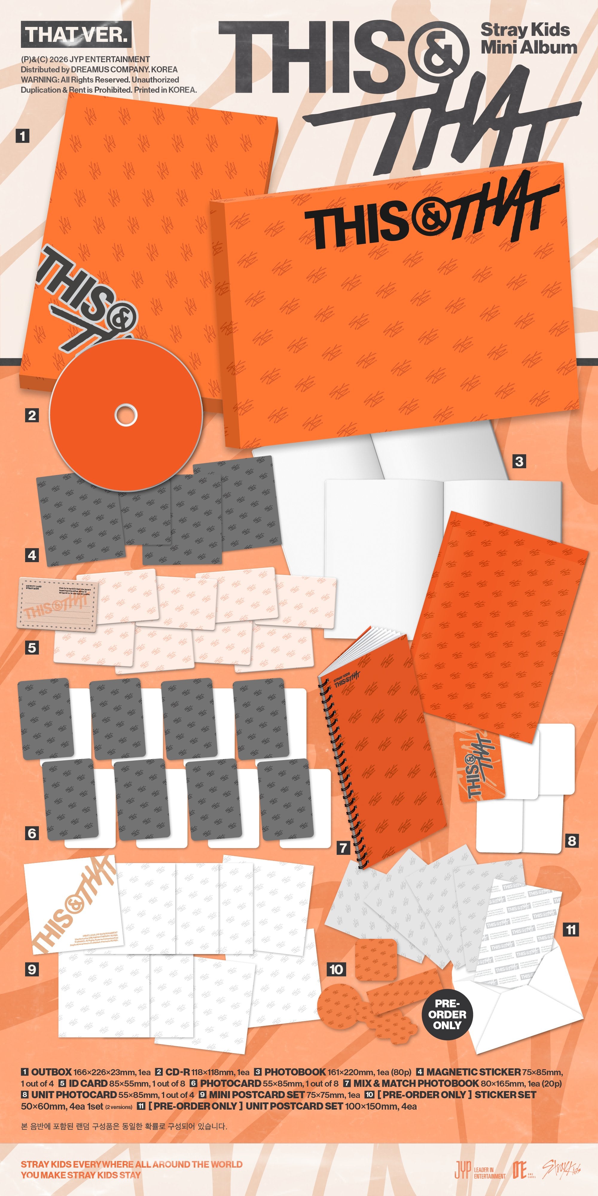 Stray Kids 'This & That' mini album package layout, featuring orange and white album packaging, a CD, printed inserts, stickers, and a notebook on a light orange background.