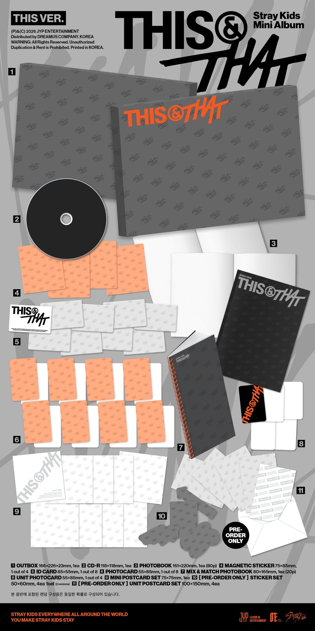 This & That Stray Kids Mini Album 'This Ver.' shown as a flat lay of included items on a light gray background, including the album cover, CD, printed inserts, and a black booklet.