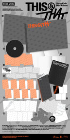 This & That Stray Kids Mini Album 'This Ver.' shown as a flat lay of included items on a light gray background, including the album cover, CD, printed inserts, and a black booklet.