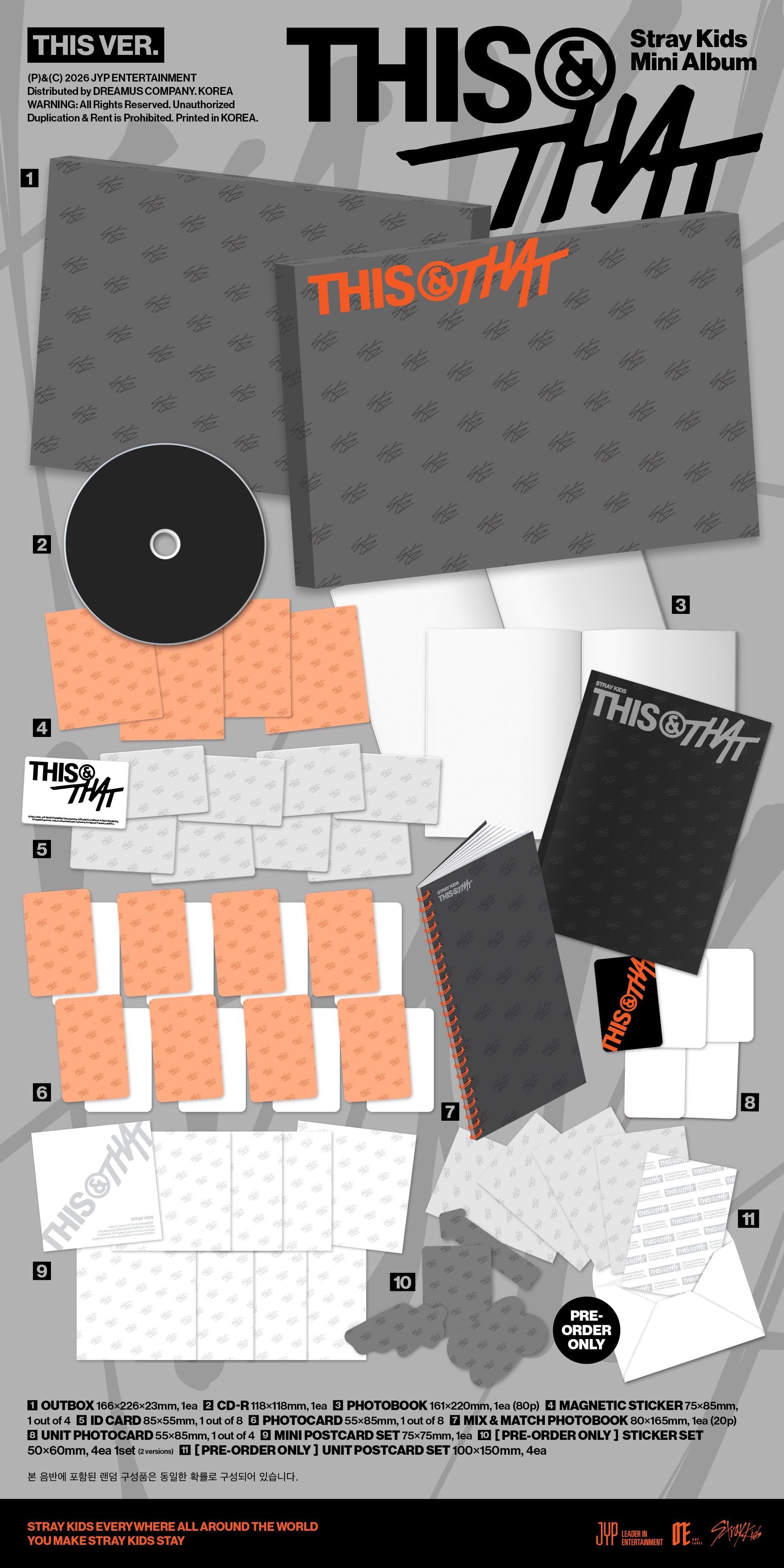 This & That Stray Kids Mini Album 'This Ver.' shown as a flat lay of included items on a light gray background, including the album cover, CD, printed inserts, and a black booklet.