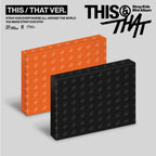Stray Kids 'This & That' mini album packaging shown in two versions: a bright orange box with white monogram patterns and a matte black box with dark gray monogram patterns, set against a light gray background with album text and artist branding.