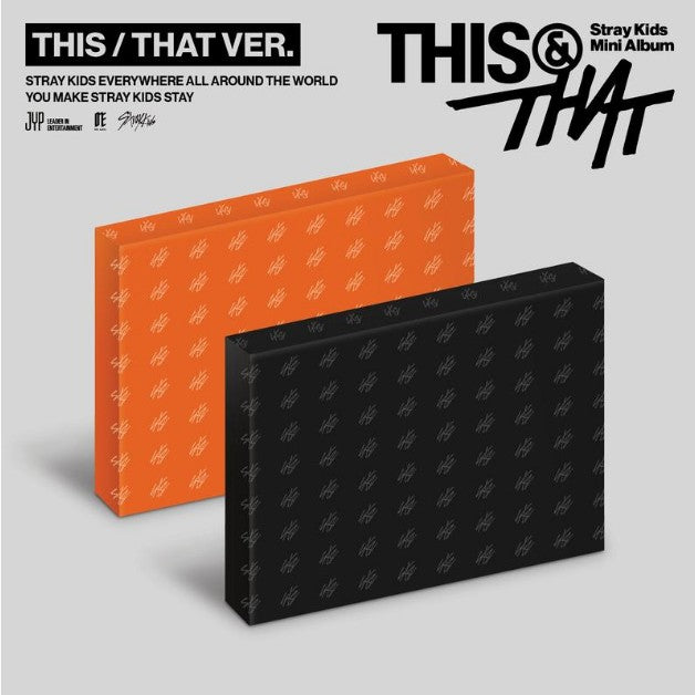 Stray Kids 'This & That' mini album packaging shown in two versions: a bright orange box with white monogram patterns and a matte black box with dark gray monogram patterns, set against a light gray background with album text and artist branding.